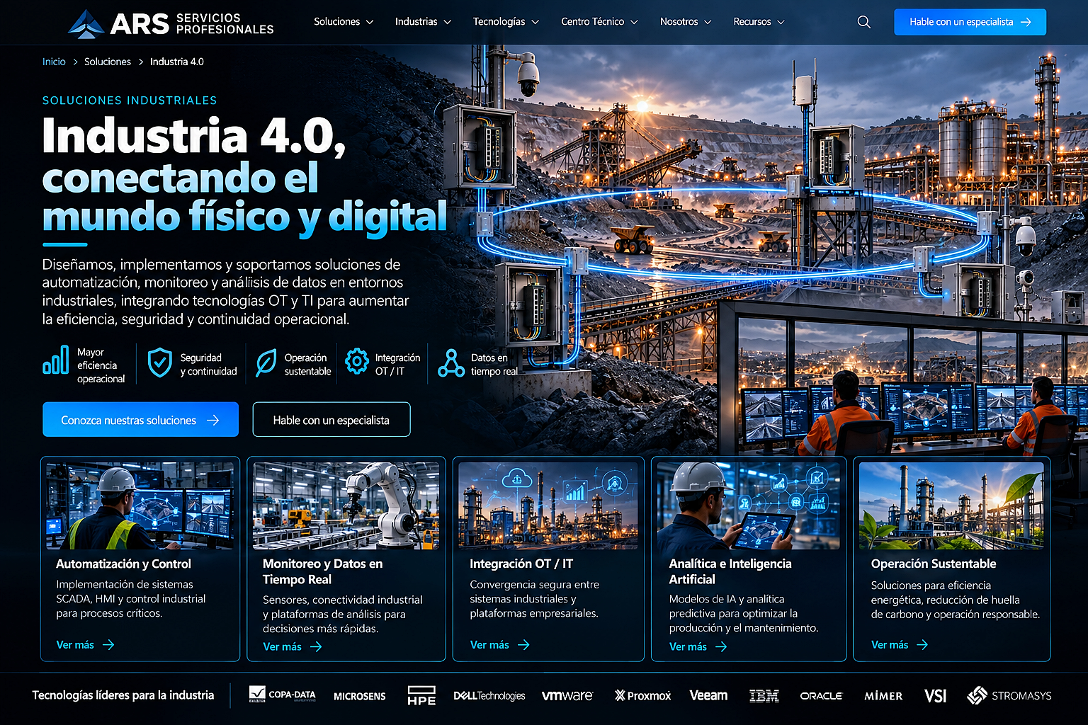 Concepto ARS de Industria 4.0, automatización, conectividad OT/IT y centro de control