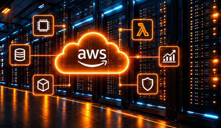 Ilustración de servicios en la nube conectados sobre racks de un centro de datos
