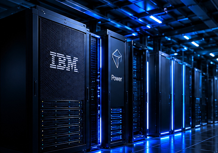 Pasillo de racks de servidores en un centro de datos con iluminación azul
