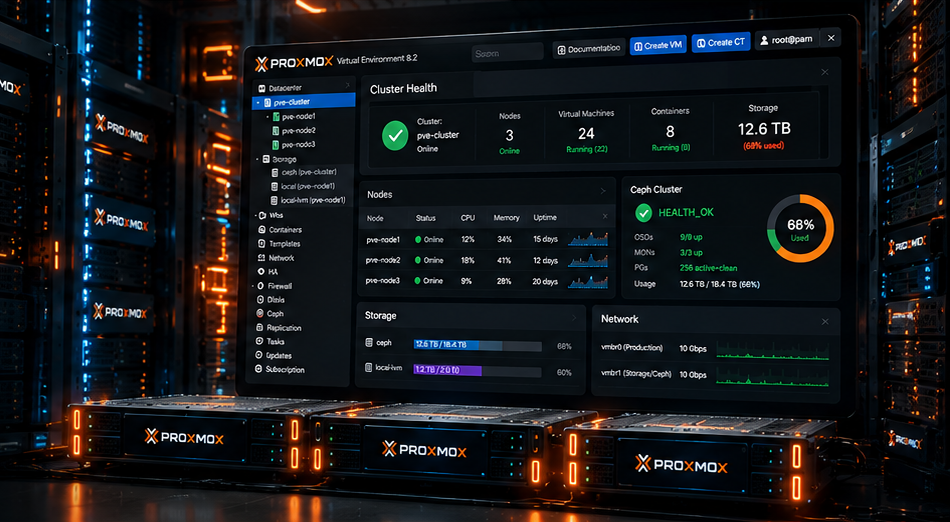 Panel de Proxmox VE con el estado del cluster y almacenamiento Ceph sobre servidores en un centro de datos